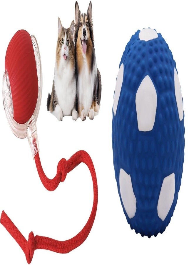 PET FUN مجموعة ألعاب الحيوانات الأليفة من قطعتين | كرة تفاعلية للقطط بذيل من الحبل وكرة مطاطية غير سامة تصدر صوتاً للكلاب والقطط | ألعاب متينة للمضغ والجلب ولعب كرة القدم للحيوانات الأليفة - Image 1